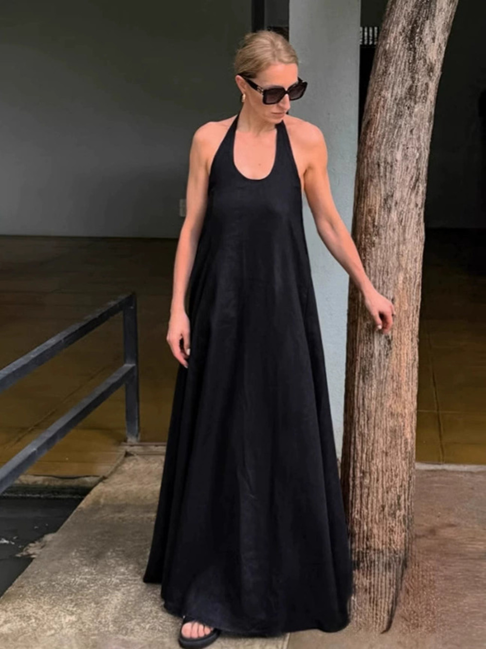 Forever 21 Black Loose Casual Retro A-Line V-Neck Cotton Linen Summer Maxi Dress